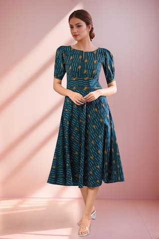 Bottal Green Ikat Handloom Midi Dress 