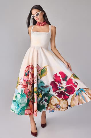 Saaksha & Kinni Abstract Floral Print Square Neck Midi Dress 