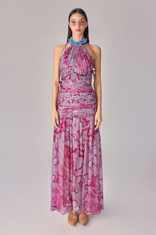 Saaksha & Kinni Bandhani Floral Print Halter Neck Maxi Dress 