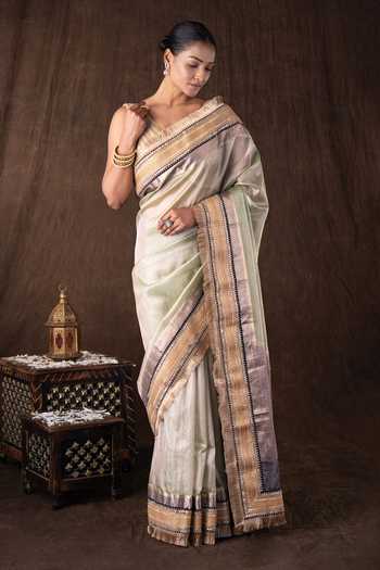 Zal From Benaras Pastel Green Pure Tissue Silk Banarasi Saree Set 
