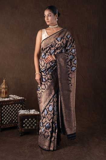 Zal From Benaras Black Pure Katan Silk Banarasi Saree Set 