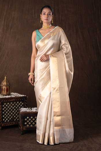 Zal From Benaras Golden Pure Katan Silk Banarasi Saree Set 