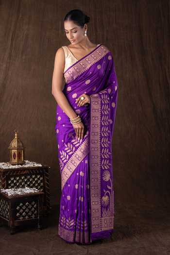 Zal From Benaras Purple Pure Monga Silk Banarasi Saree Set 