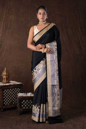 Zal From Benaras Black Kashi Silk Banarasi Handloom Saree Set 
