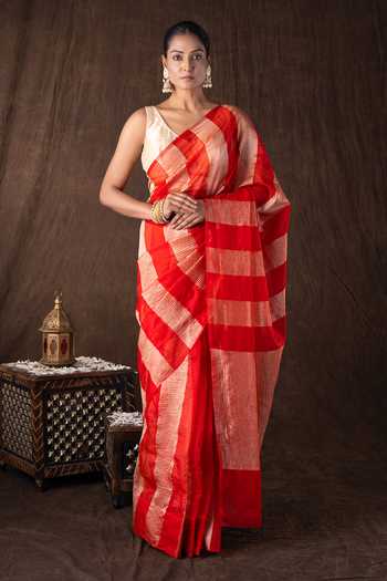 Zal From Benaras Zari Stripe Moonga Silk Banarasi Saree Set 