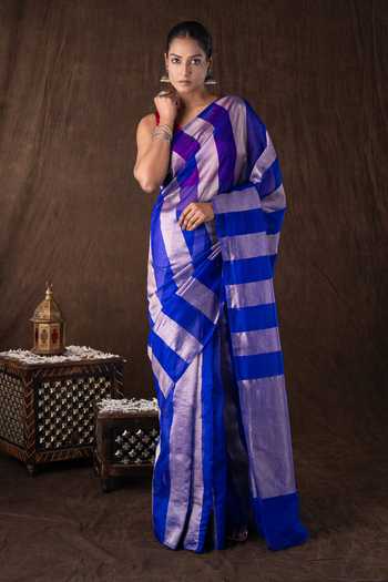 Zal From Benaras Zari Stripe Moonga Tissue Silk Banarasi Saree Set 
