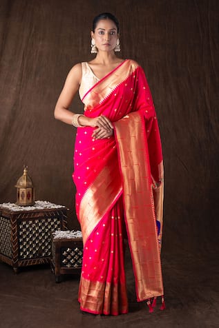 Pink Pure Silk Banarasi Handloom Saree Set 