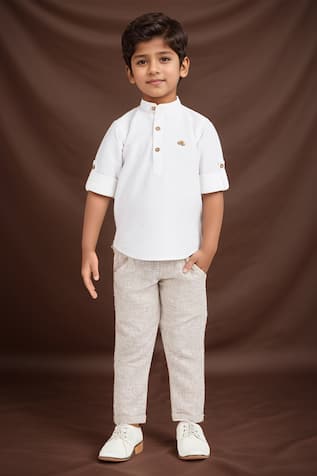 Boys White Short Kurta Set With Beige Pants 