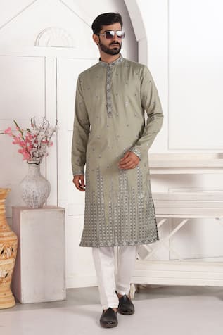 Embroidered Green Kurta & Off White Pant Set 