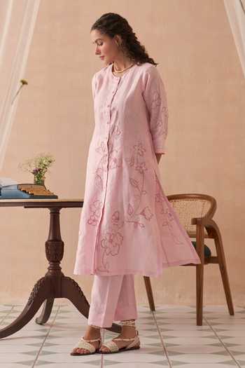 Kasturi Kundal Embroidered Pink Linen Kurta Set 