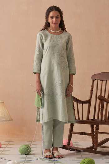 Kasturi Kundal Embroidered Green Linen Kurta Set 