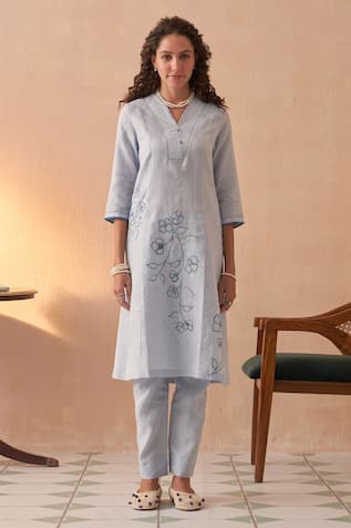 Embroidered Blue Linen Kurta Set 