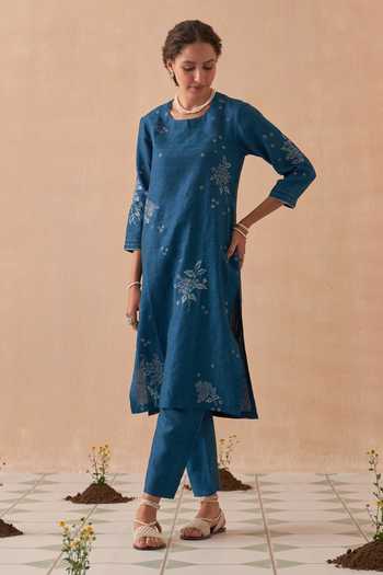 Kasturi Kundal Embroidered Blue Linen Kurta Set 