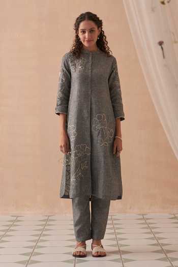 Kasturi Kundal Embroidered Grey Linen Kurta Set 