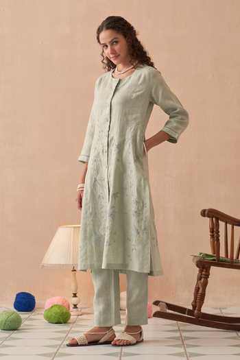 Kasturi Kundal Embroidered Green Linen Kurta Set 