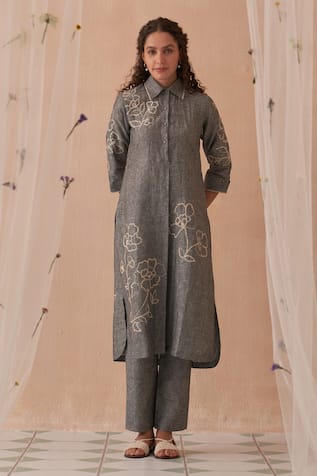 Kasturi Kundal Embroidered Grey Linen Kurta Set 