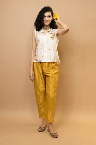 Krishna Mehta Marigold Floral Print Sleeveless Shirt Set 