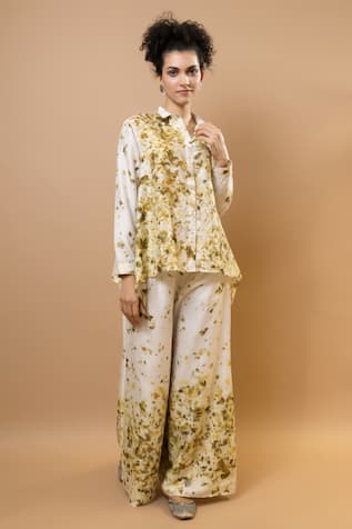 Krishna Mehta Asymmetric Shirt & Elastic Waist Trouser Set 