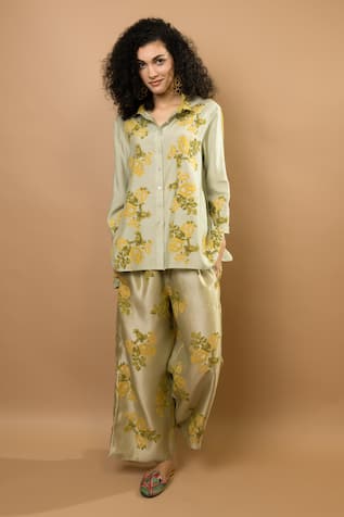 Krishna Mehta Pistag Rosettes Block-Printed Pant Set 