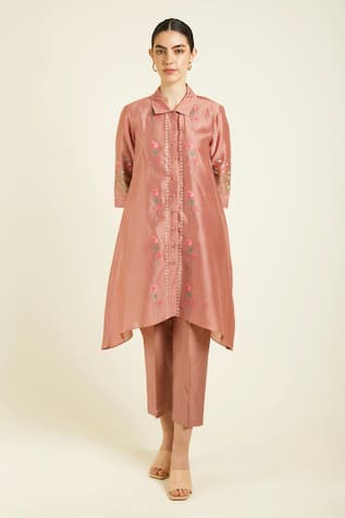 Peach Silk Chanderi Embroidered Pant Set 