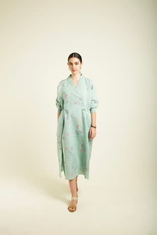 Mint Printed Linen Midi Dress 