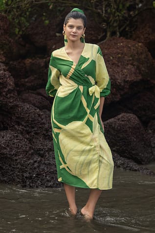 RAAS LIFE Green Paan Print Wrap Dress 
