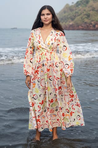 RAAS LIFE Floral Print Smocked Midi Dress 