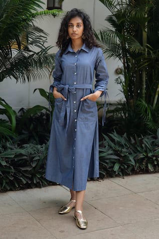 RAAS LIFE Front Open A Line Chambray Dress 