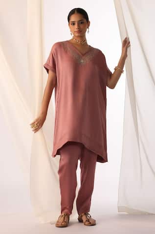 Peach Hand Embroidered Tunic & Pant Set 