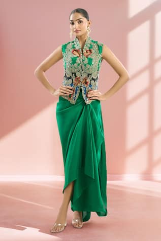 Cutwork Floral Jacket & Draped Skirt Set 
