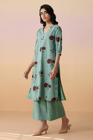 Teal Floral Print Kurta Set 
