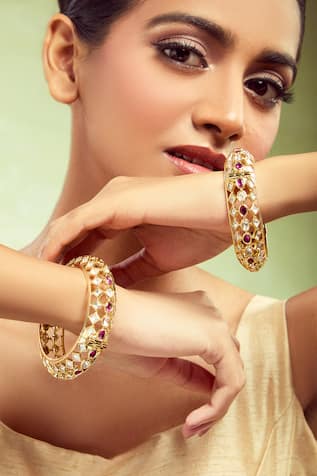 Nazaakat By Samara Singh Red Gold & White Stone Bangles Set 