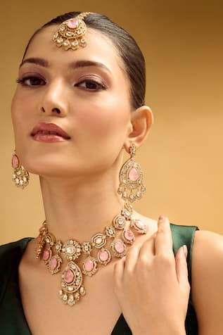 Pink Brass Necklace Earring Maangtika Set 