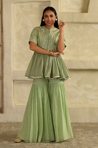 Saahiil Kapoor Embellished Pista Green Peplum & Garara Set 