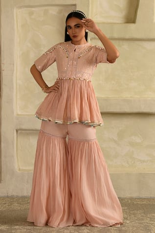 Saahiil Kapoor Peach Embellished Peplum Top & Garara Set 