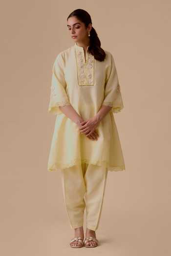 Bunka Embroidered Yellow Cotton Kurta Set 