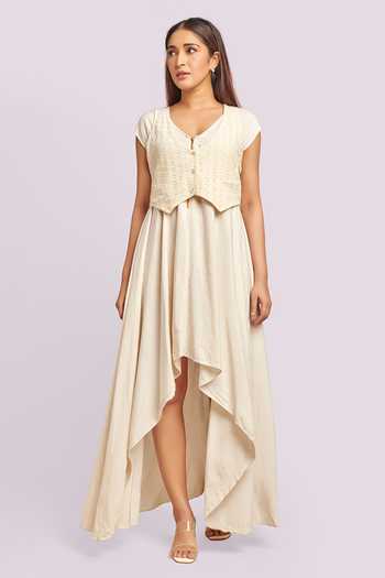 Blue Lotus Design Ivory Assymetric Dress With Jacket 