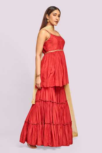 Blue Lotus Design Red Embroidered Sharara Set With Net Dupatta 