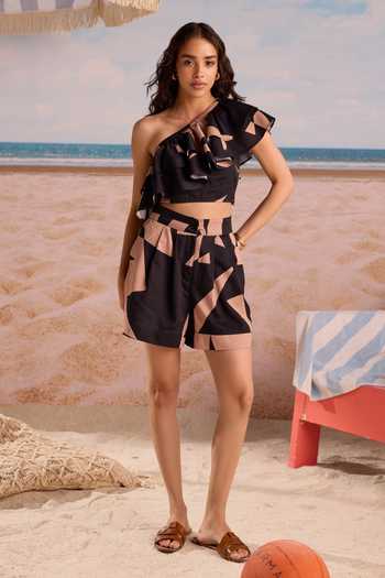 Zazu Geometric Print Ruffled Crop Top & Shorts Set 