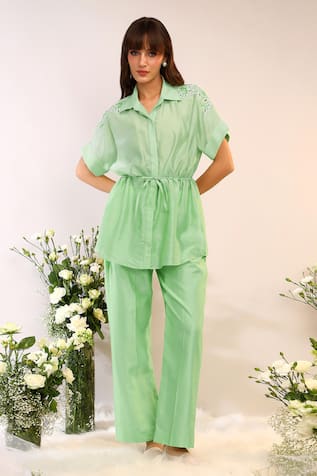 Sakshi Khetterpal Kiwi Green Shoulder Embroidered Pant Set 