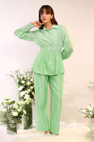 Sakshi Khetterpal Elasticated High Low Shirt & Creased Pant Set 