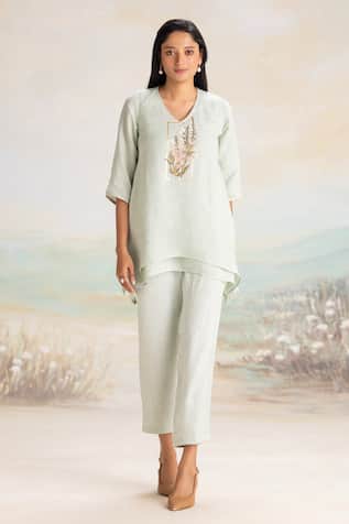 KAVERI V-Neck Floral Embroidered Top & Pant Set 