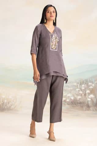 Kaveri Iron V-Neck Embroidered Top & Pant Set 