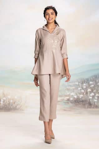 KAVERI Cement Linen Top & Pant Set 