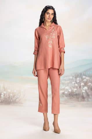 Kaveri Peach Linen Embroidered Top & Pant Set 