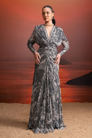Nikita Mhaisalkar Noir Printed Sequins Draped Maxi Dress 