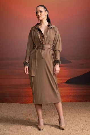 Beige Shirt Dress With Beaded Cuffs 