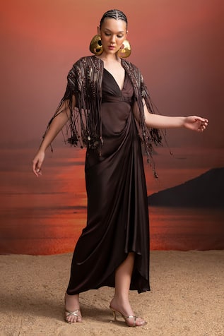 Nikita Mhaisalkar Brown Draped Midi Dress & Cape Set 
