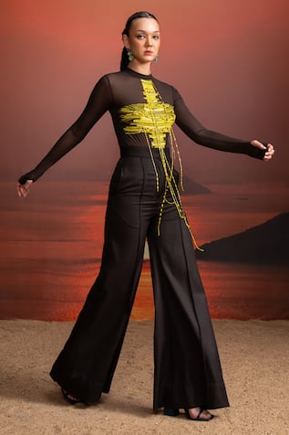 Nikita Mhaisalkar Canary Beaded Tulle Bodysuit 