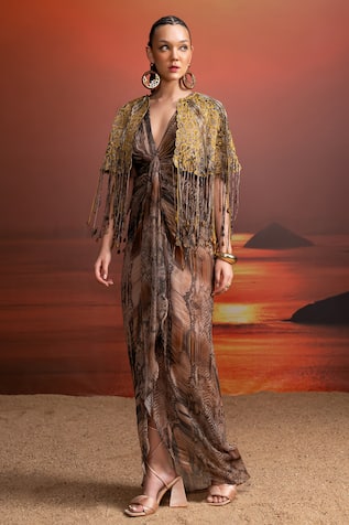 Nikita Mhaisalkar Python Print Draped Dress & Cape Set 
